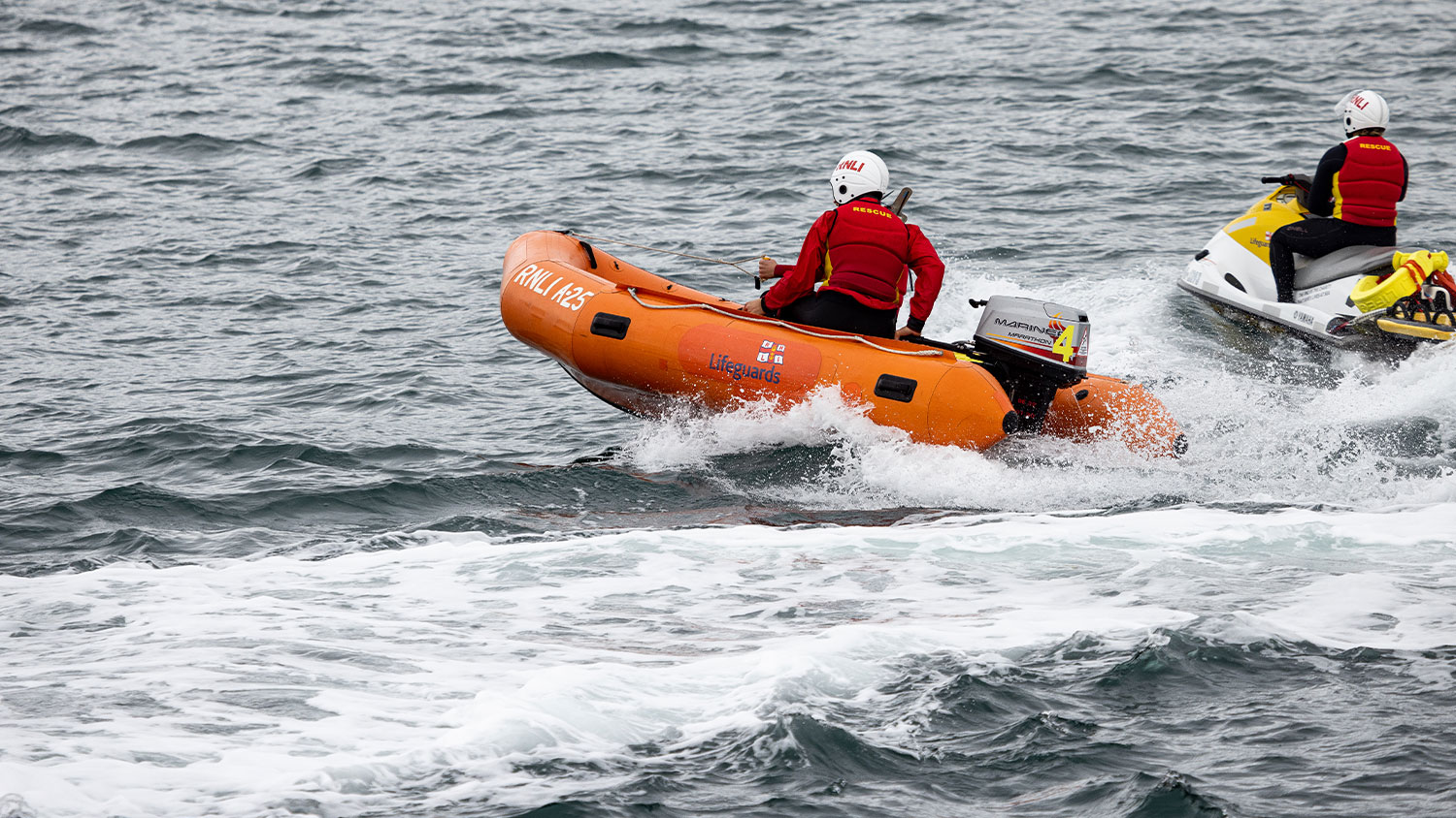 RNLI Lifeguards heading to rescue on a rib and jet powered watercraft